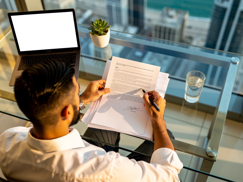 شخص يقرأ عقداً بعناية على مكتب حديث